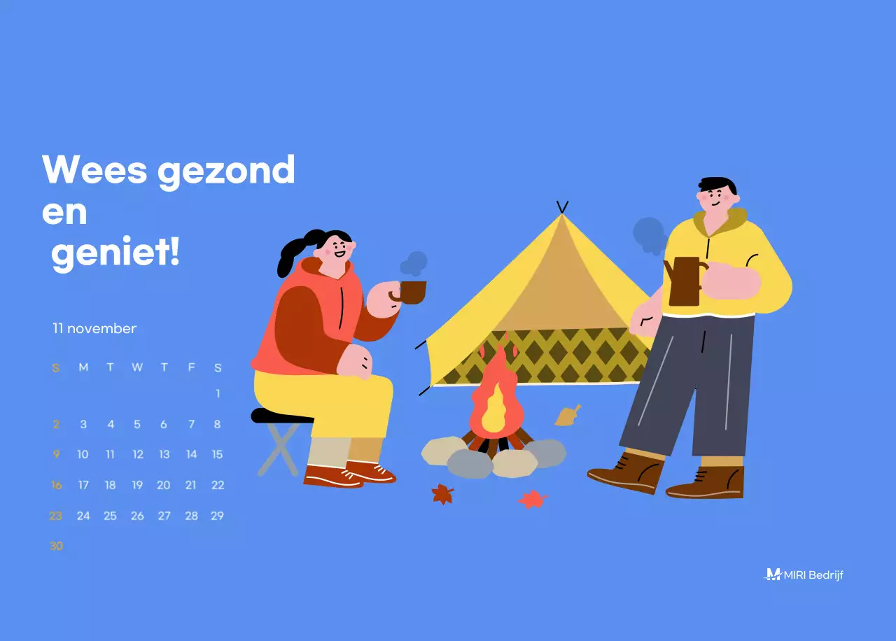 Motiverende kalender met energieke illustraties en positieve citaten op een lichtblauwe achtergrond