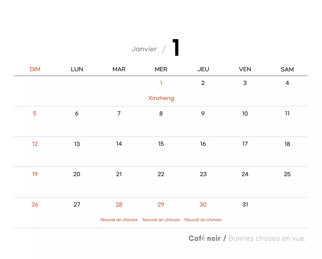 Calendrier minimaliste gris pour le café