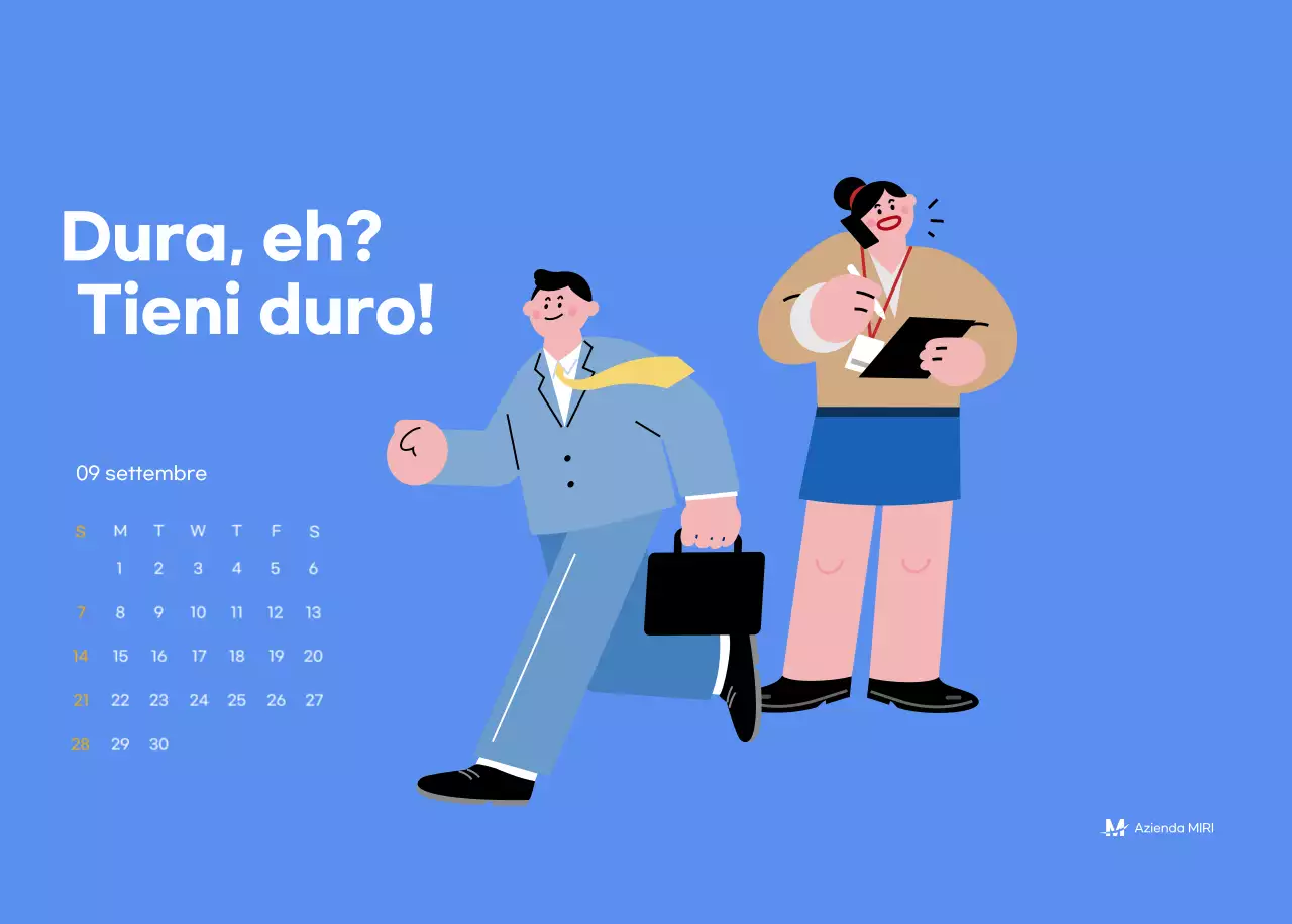 Calendario motivazionale con illustrazioni energetiche e citazioni positive su sfondo azzurro