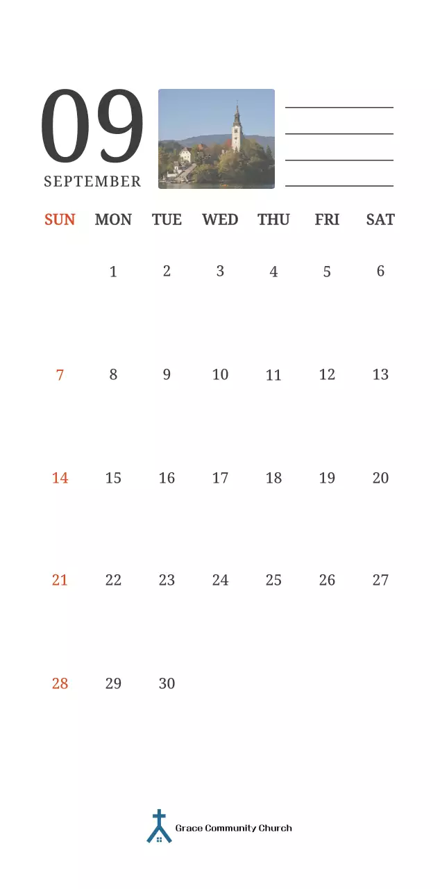 A photographic concept calendar featuring a church in a landscape painting