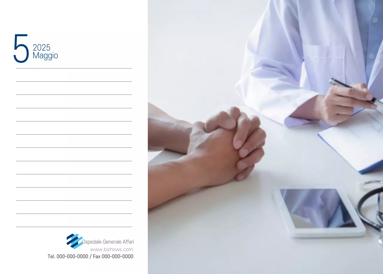 Calendario promozionale dell'ospedale semplice, bianco e blu