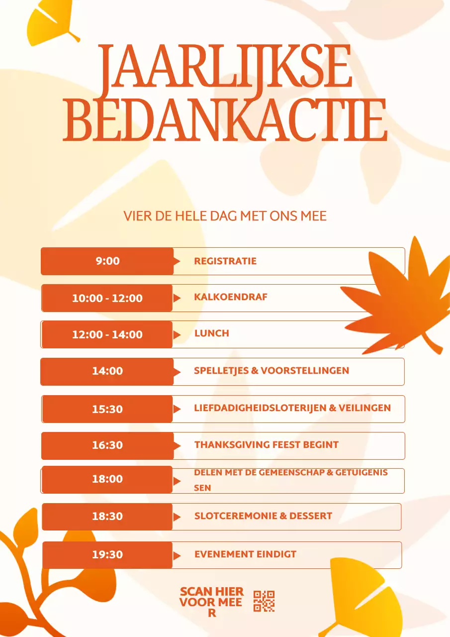 Oranje en Wit Thanksgiving Outreach Schema Poster