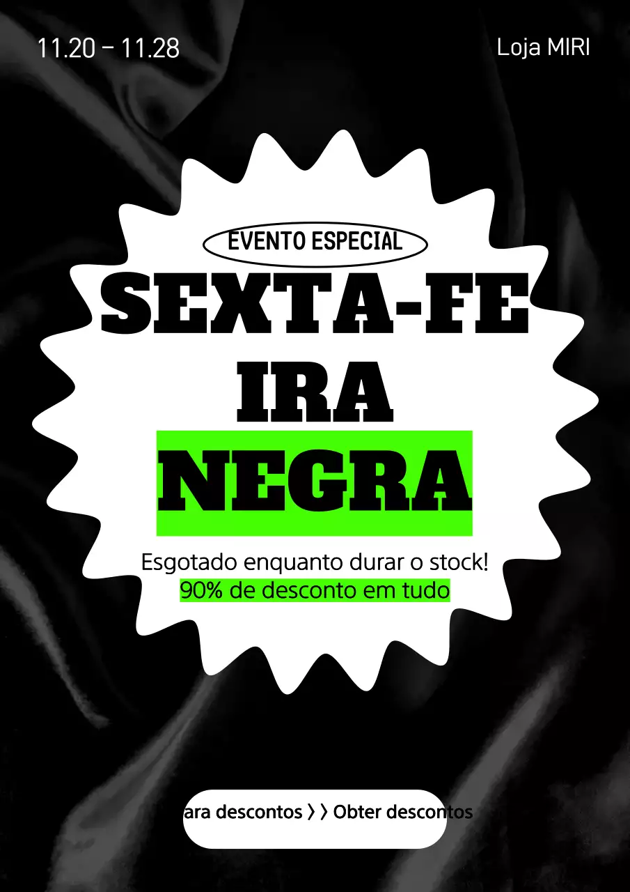 Anúncio do evento de saldos da Black Friday com detalhes em preto e fluorescentes