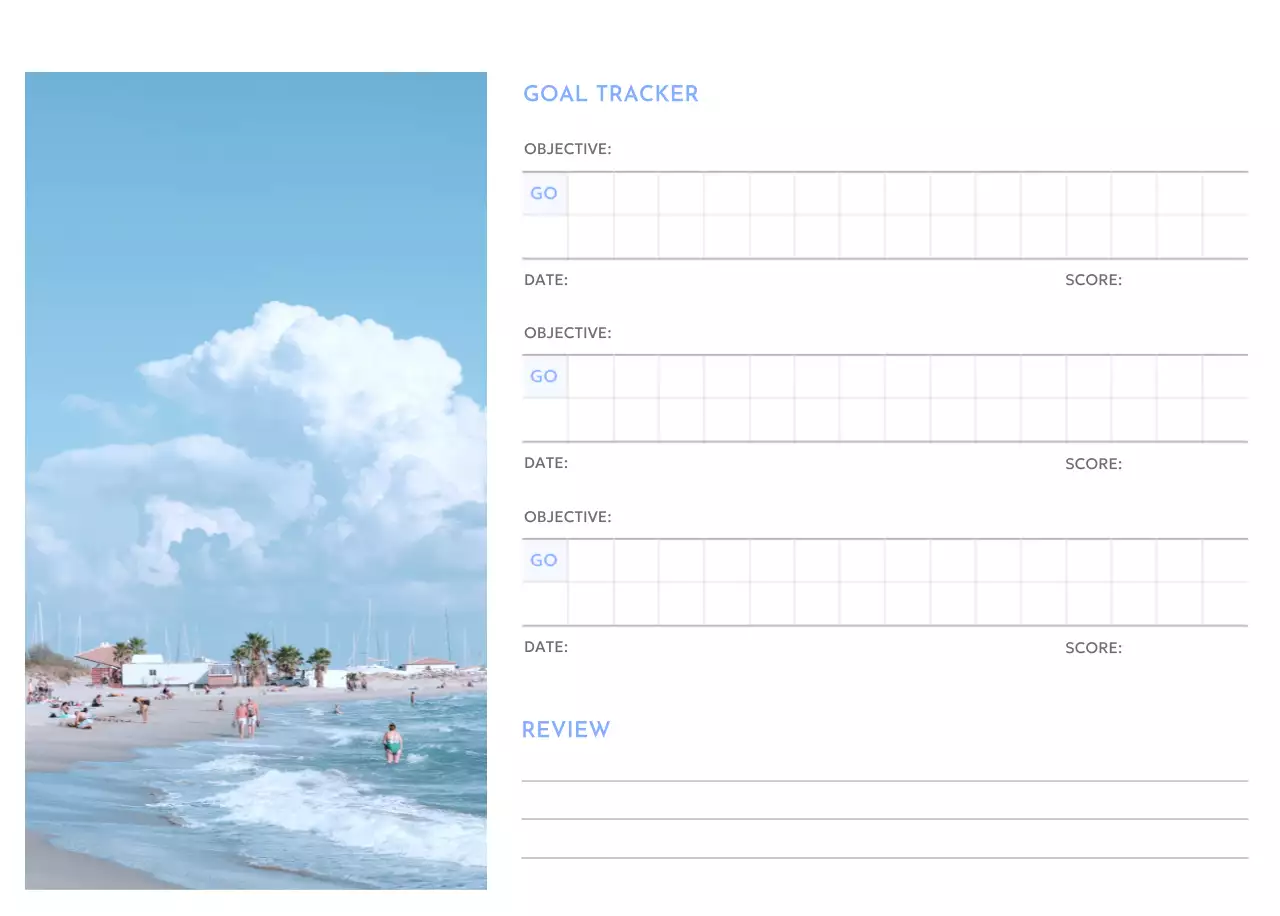 Photo goal tracker calendar with a splash of blue