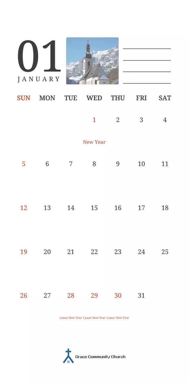 A photographic concept calendar featuring a church in a landscape painting