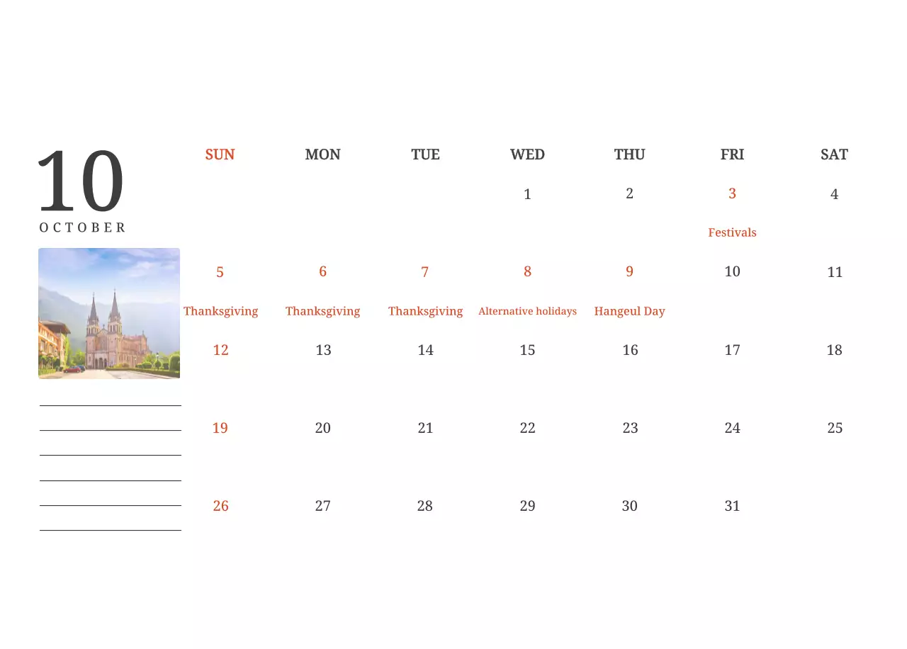 Kalender konsep fotografis yang menampilkan gereja dalam lukisan lanskap