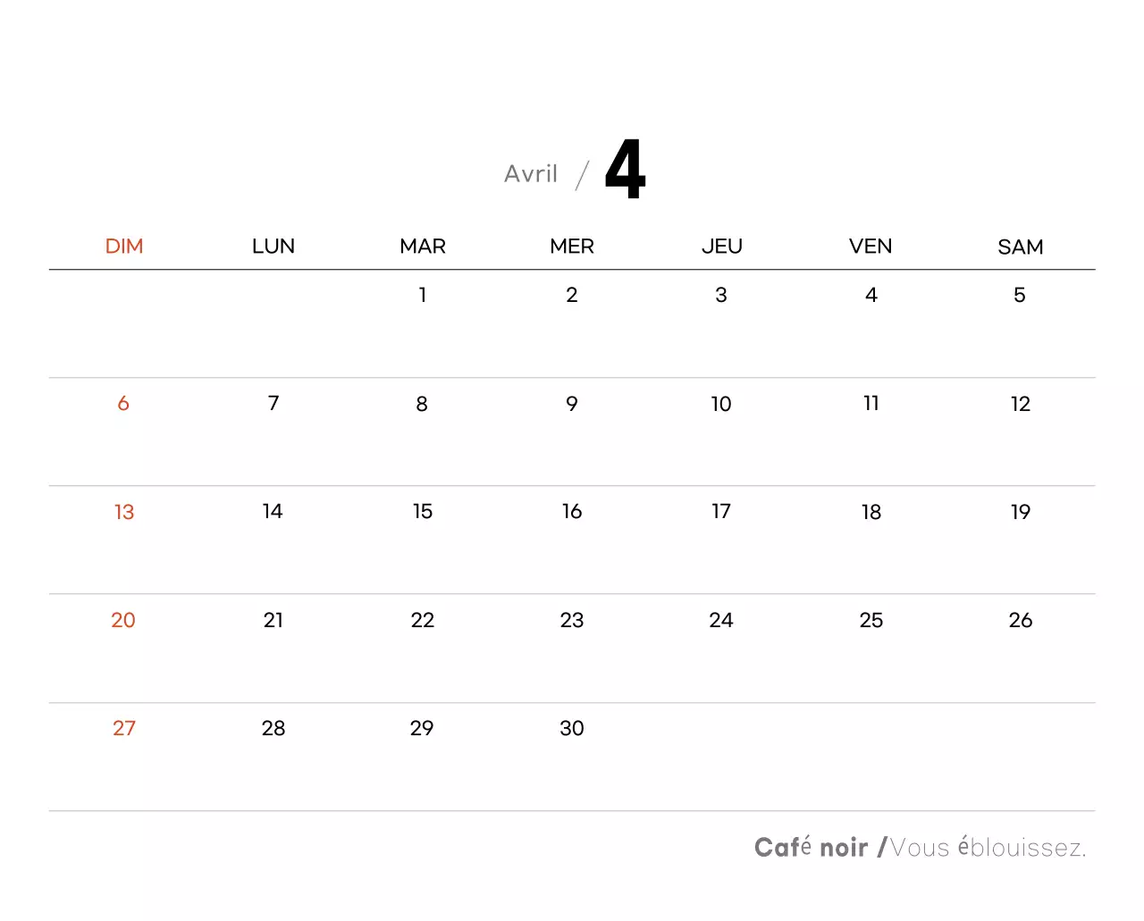 Calendrier minimaliste gris pour le café
