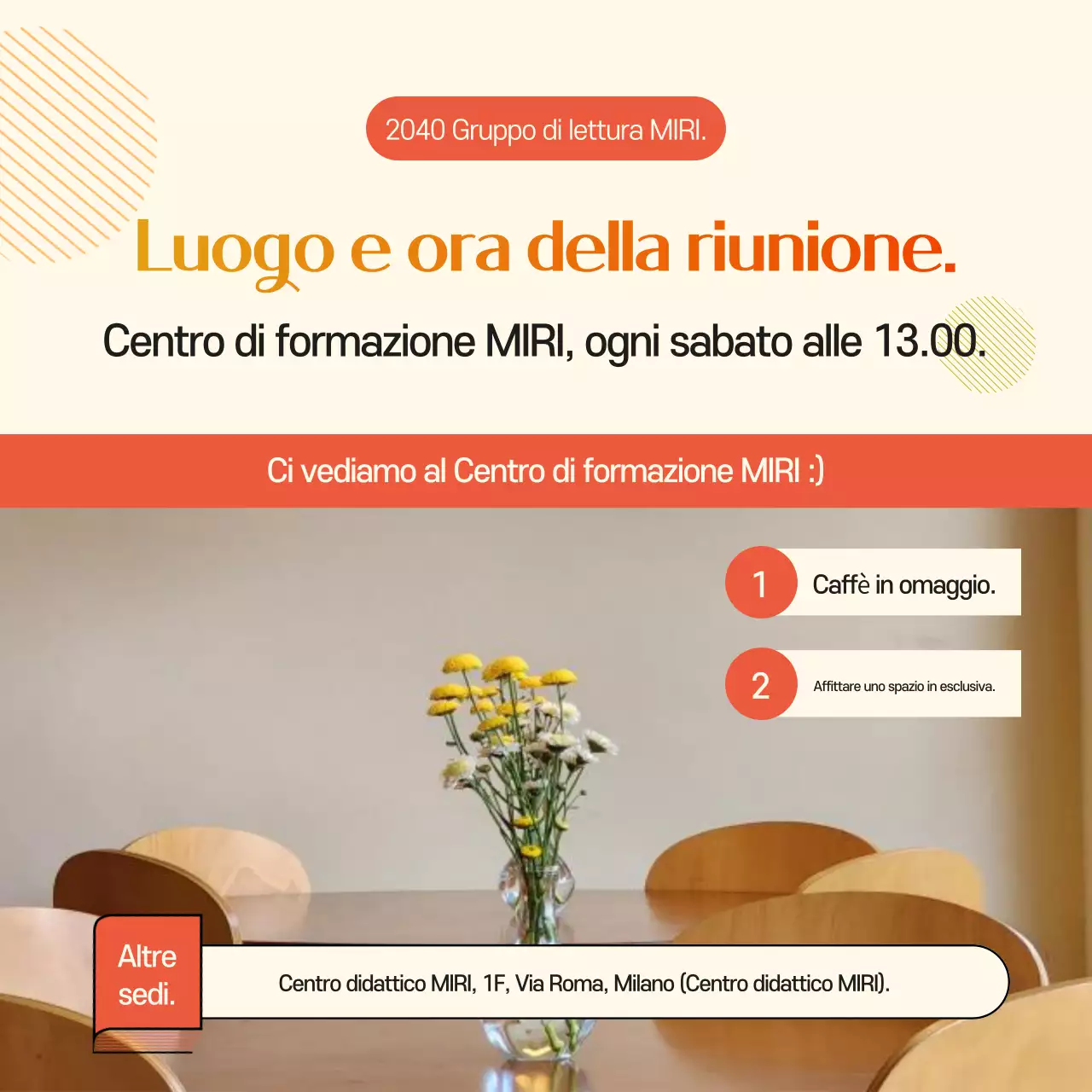 Un simpatico annuncio autunnale arancione e giallo per il reclutamento di un club del libro