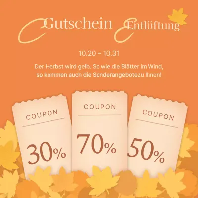 Bewerben Sie herbstliche Couponing-Aktionen mit orangefarbenen und gelben herabgefallenen Blättern