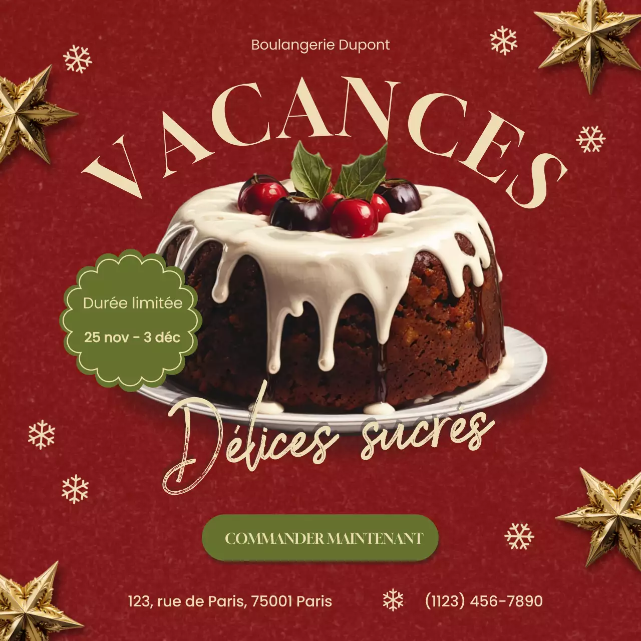 gâteau de noël rouge et festif boulangerie promotion post