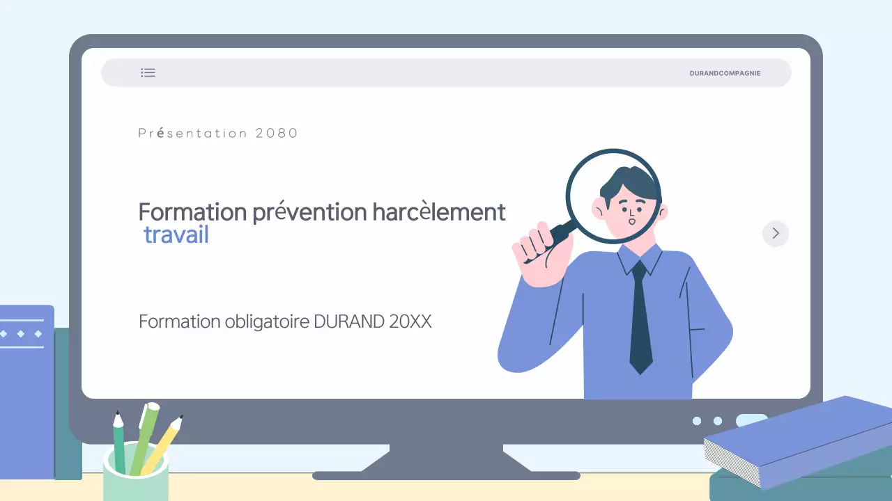 Matériel de formation simple et bleu clair sur la prévention du harcèlement au travail