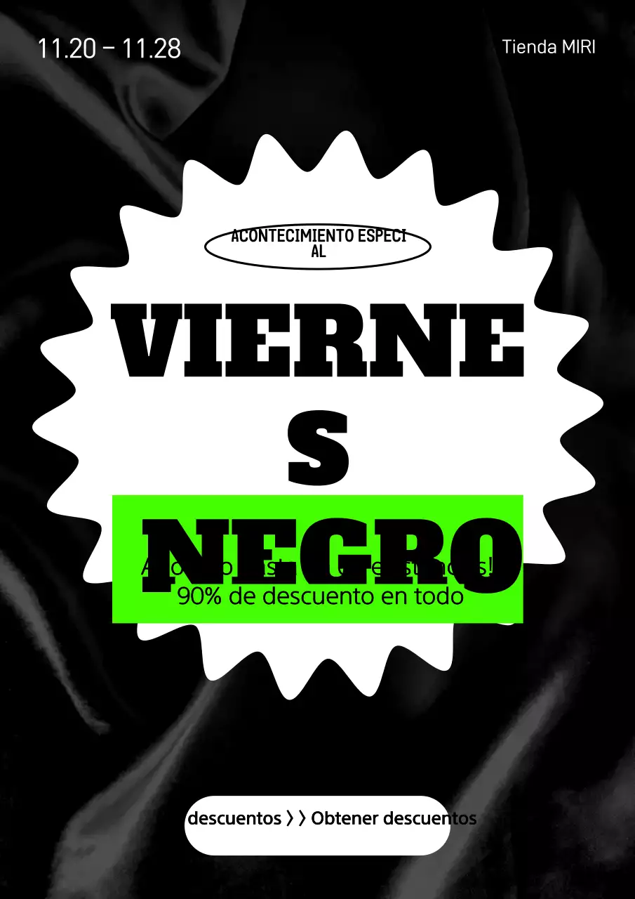 Anuncio de rebajas del Black Friday con toques negros y fluorescentes