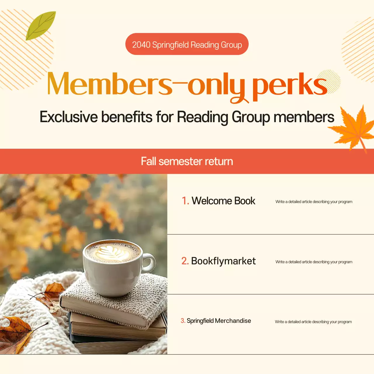 A cute orange and yellow fall reading group recruitment ad