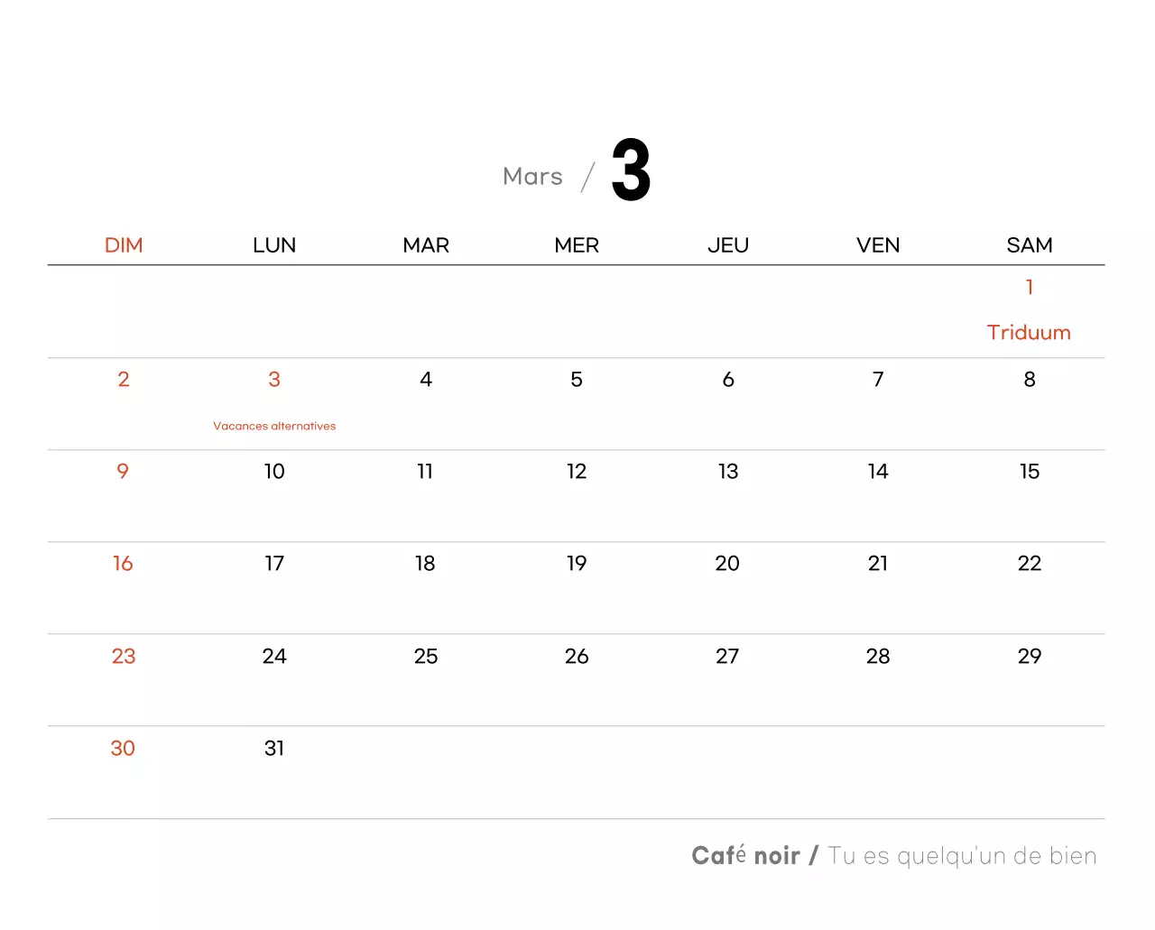 Calendrier minimaliste gris pour le café
