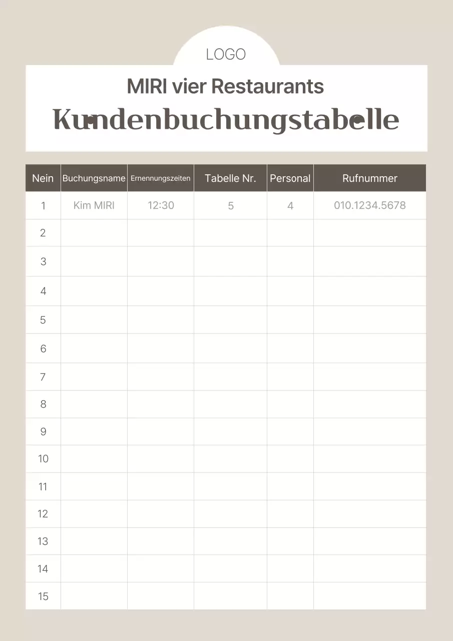 Leitfaden für die beige Standard-Buchungstabelle