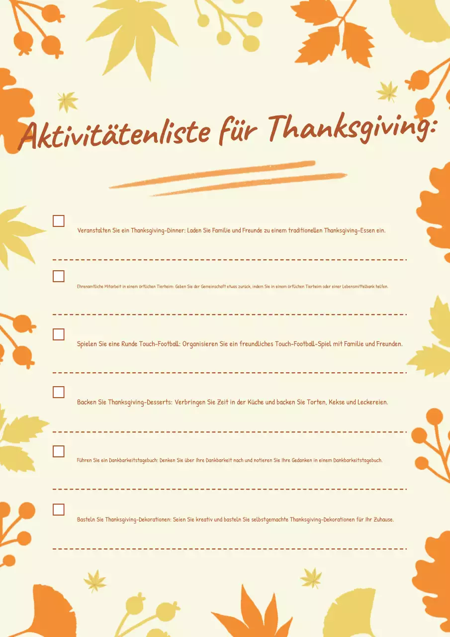 orangefarbene traditionelle Thanksgiving-Bucketliste