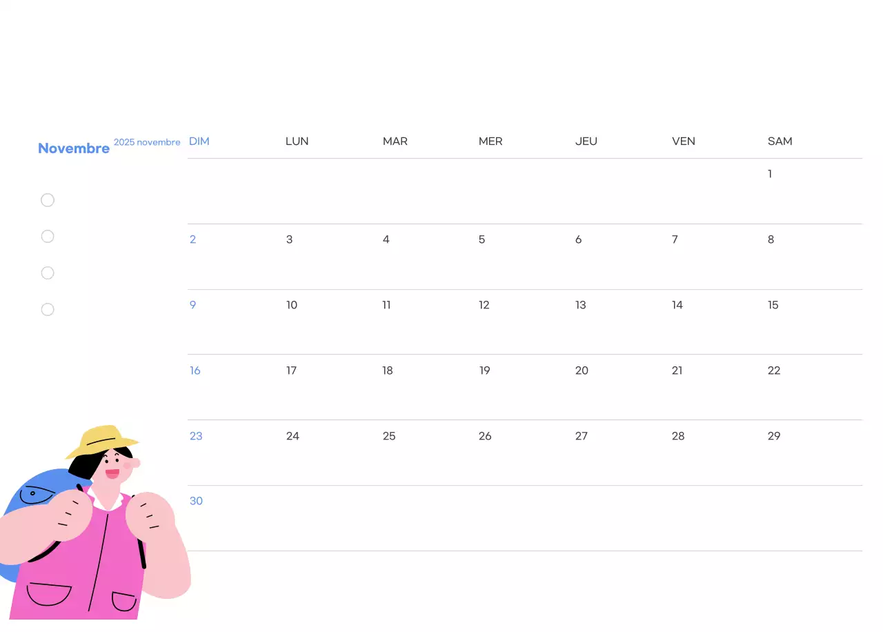 Calendrier de motivation avec des illustrations énergiques et des citations positives sur un fond bleu clair