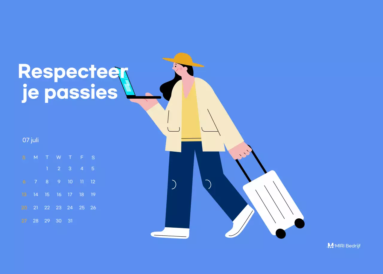 Motiverende kalender met energieke illustraties en positieve citaten op een lichtblauwe achtergrond