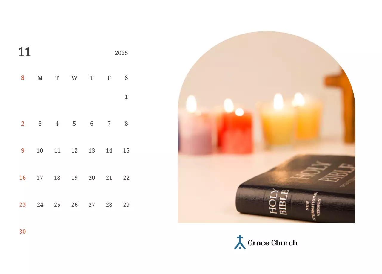 Kalender konsep fotografis yang menampilkan gereja dalam lukisan lanskap
