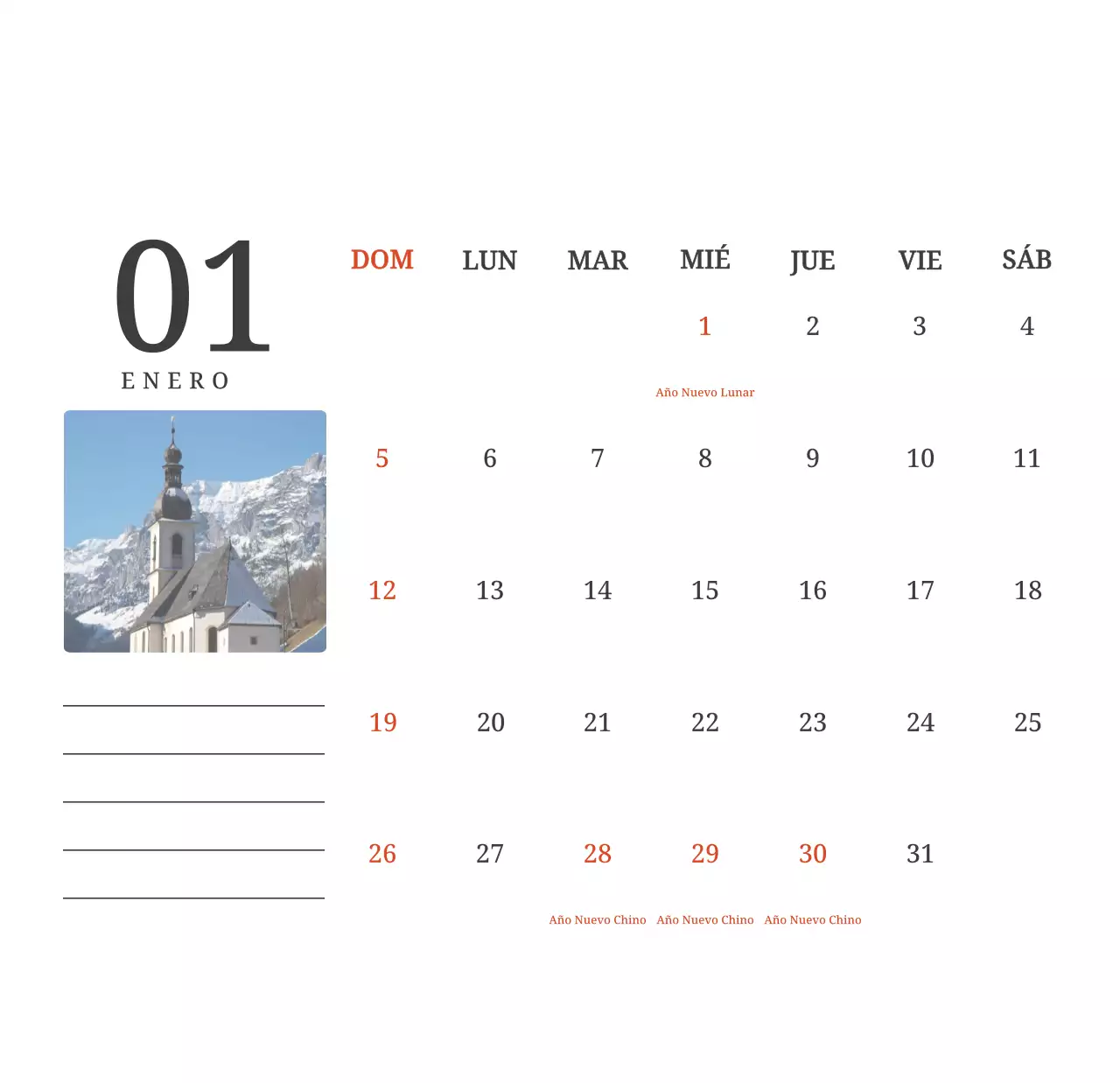 Un calendario conceptual fotográfico con iglesias pintadas en paisajes