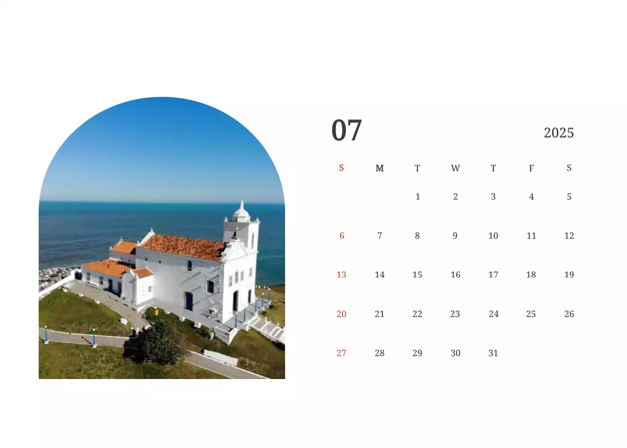 Kalender konsep fotografis yang menampilkan gereja dalam lukisan lanskap