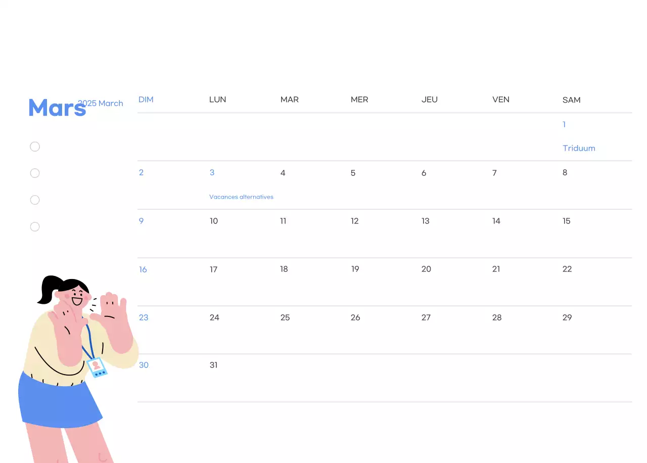 Calendrier de motivation avec des illustrations énergiques et des citations positives sur un fond bleu clair