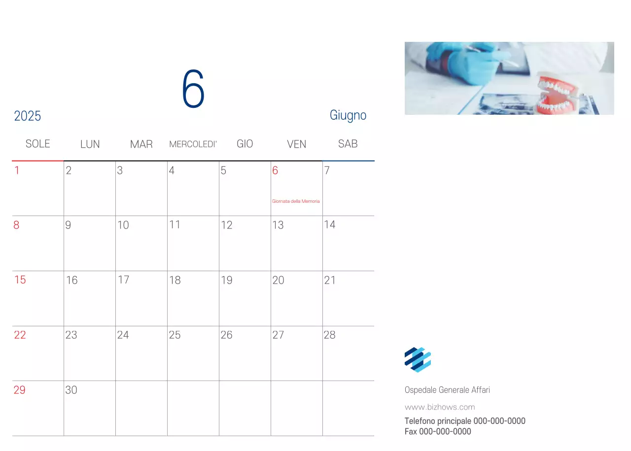 Calendario promozionale dell'ospedale semplice, bianco e blu