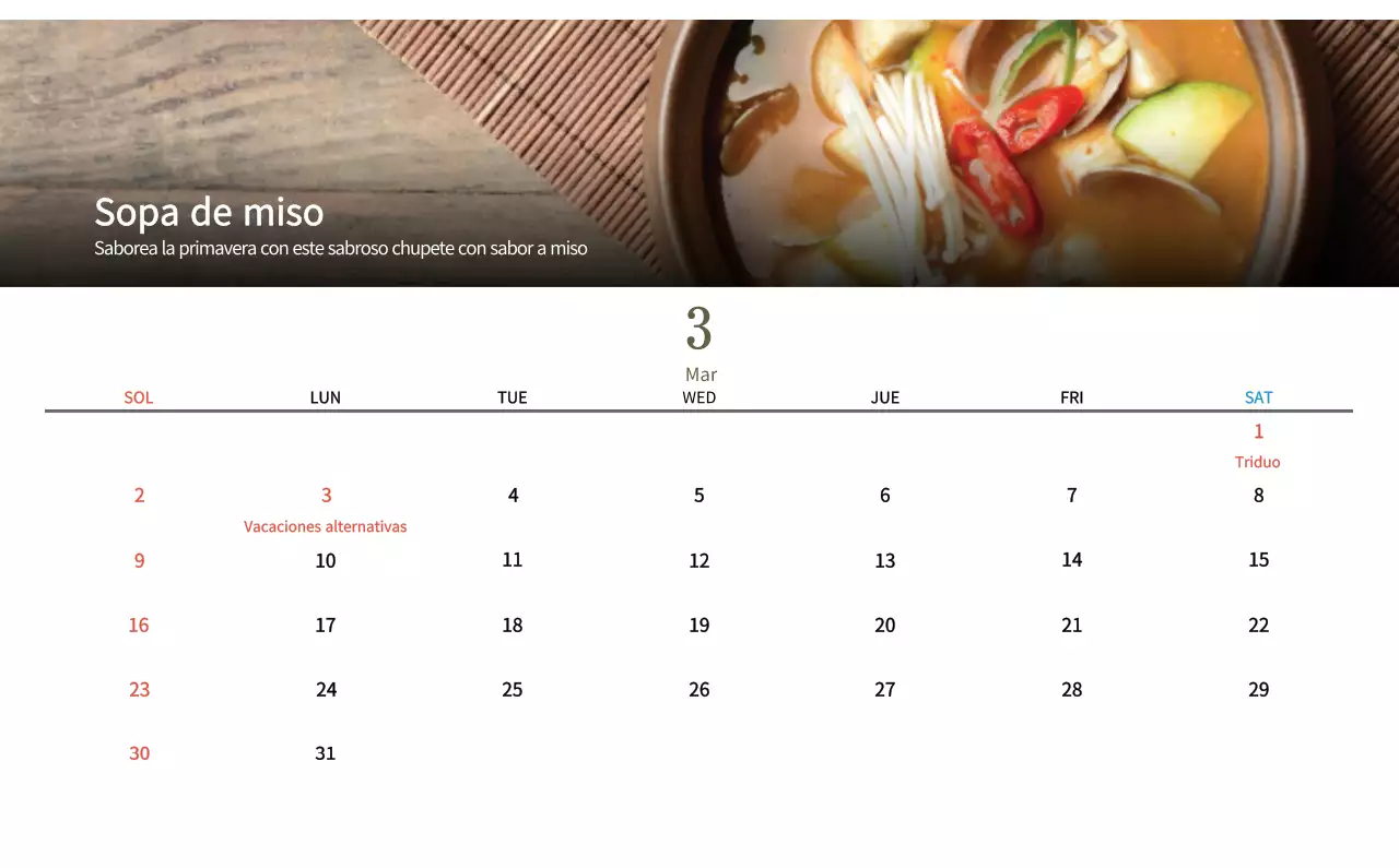 Calendario de comidas tradicionales en beige