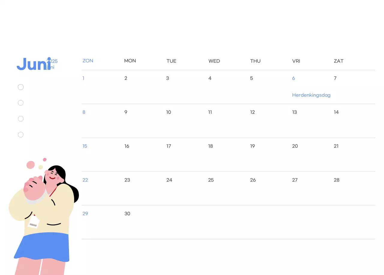 Motiverende kalender met energieke illustraties en positieve citaten op een lichtblauwe achtergrond