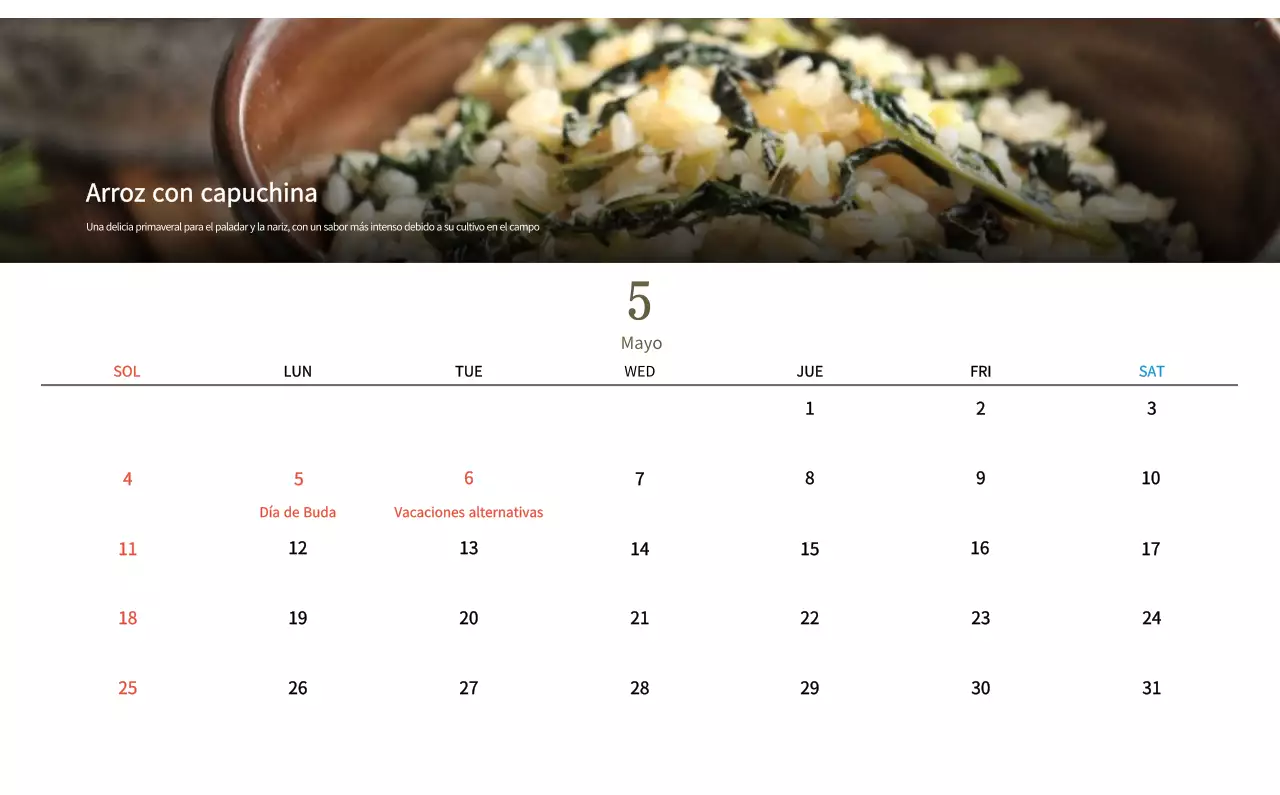 Calendario de comidas tradicionales en beige