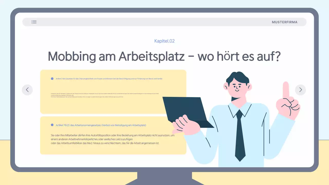 Einfaches, hellblaues Schulungsmaterial zur Prävention von Belästigung am Arbeitsplatz