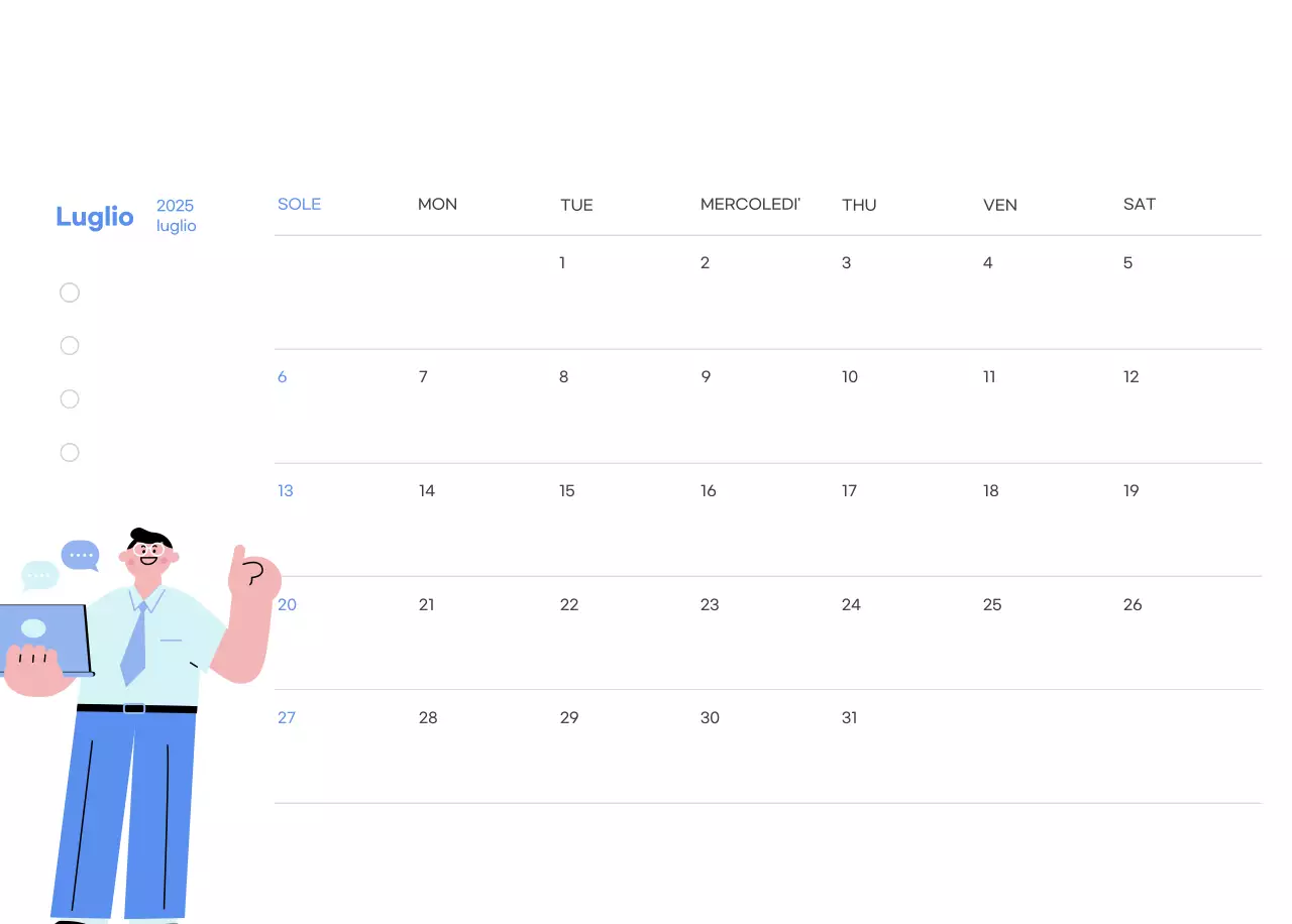 Calendario motivazionale con illustrazioni energetiche e citazioni positive su sfondo azzurro