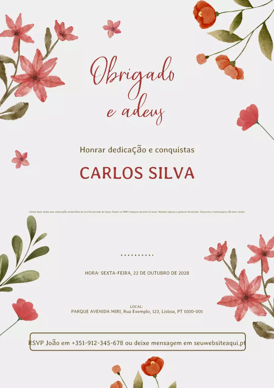 Convite floral elegante de despedida "Obrigado e adeus