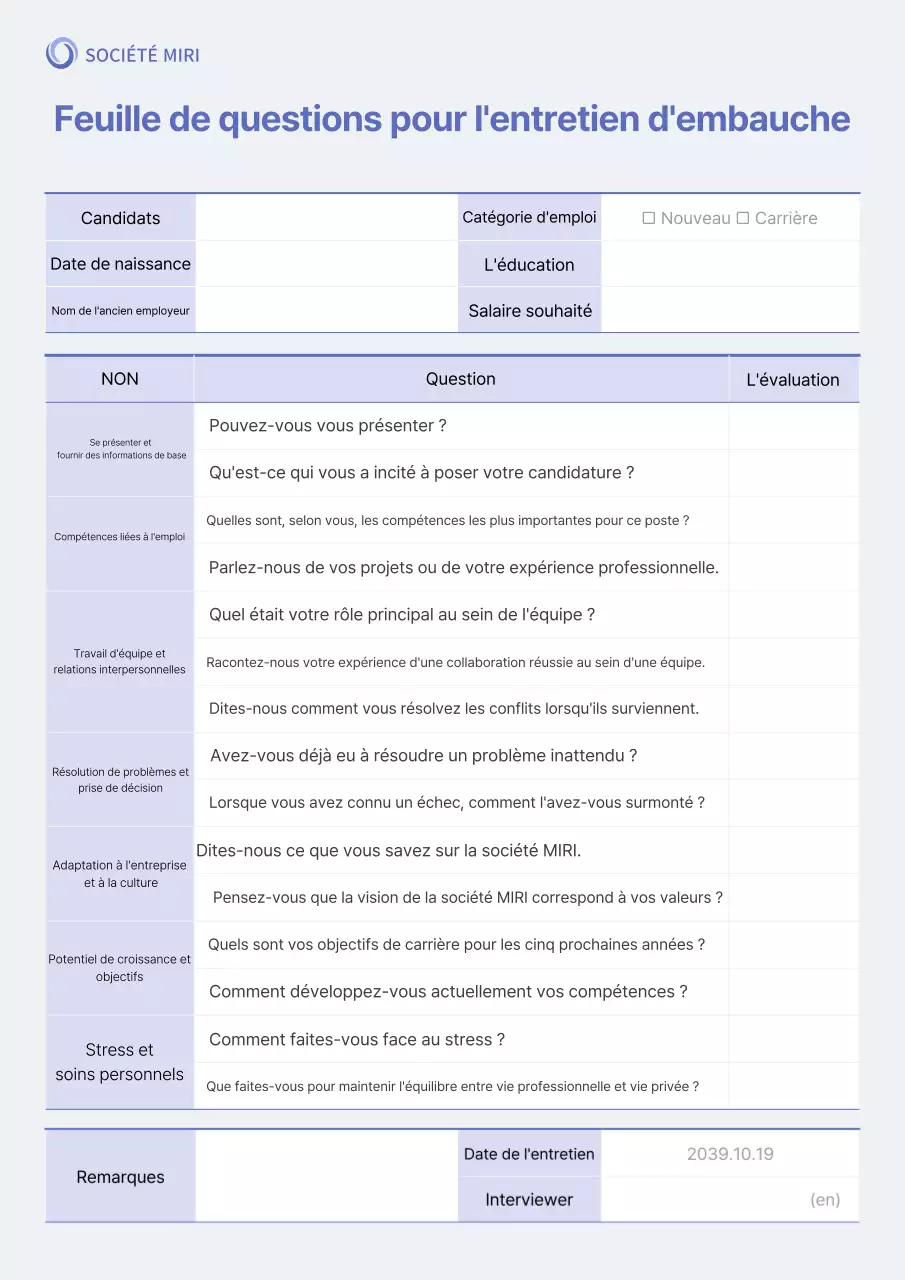Feuille de questions de base pour l'entretien avec un Bleu