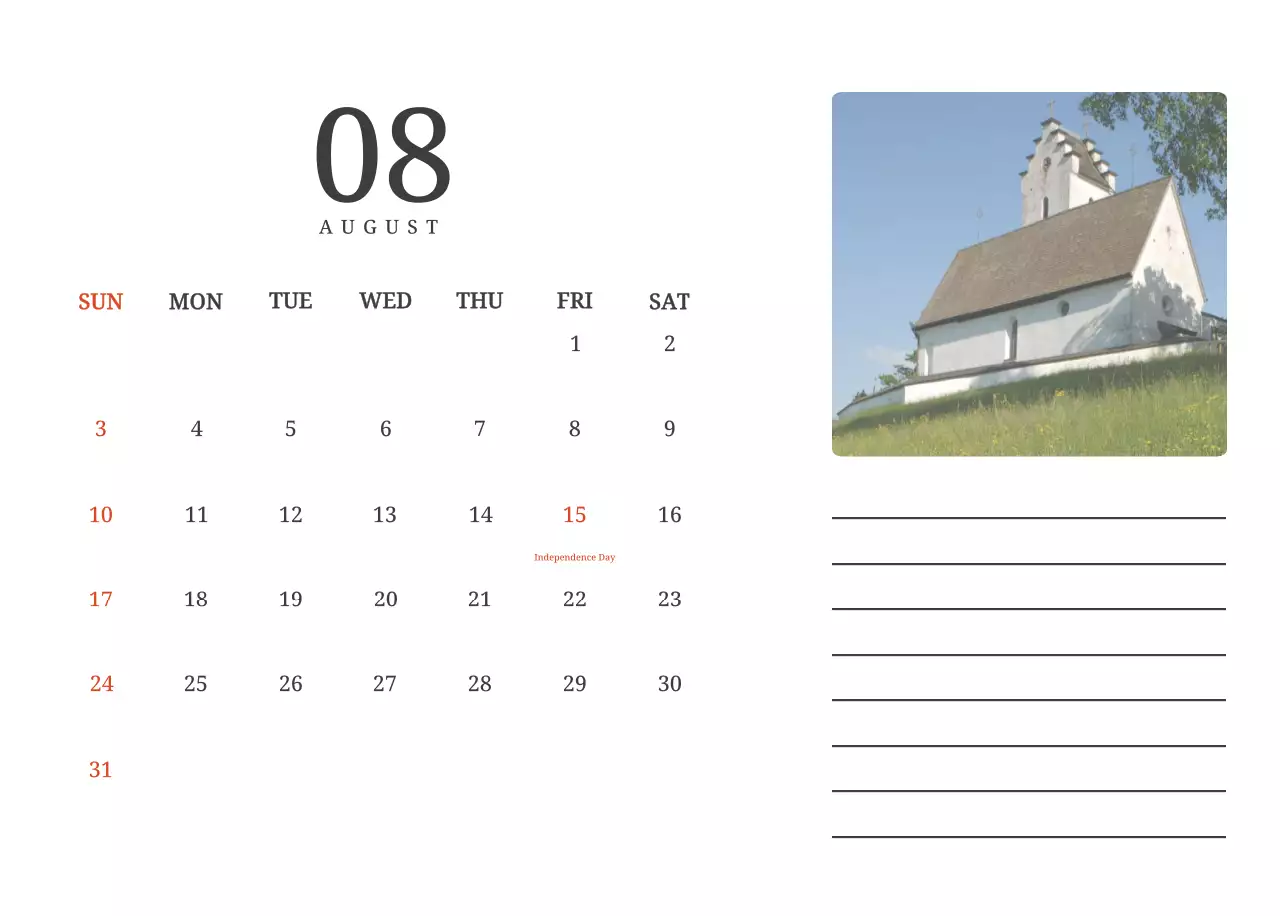 Kalender konsep fotografis yang menampilkan gereja dalam lukisan lanskap