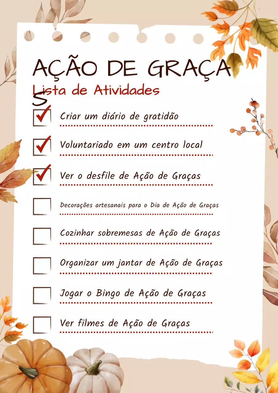 Lista de actividades de ação de graças em aguarela rústica