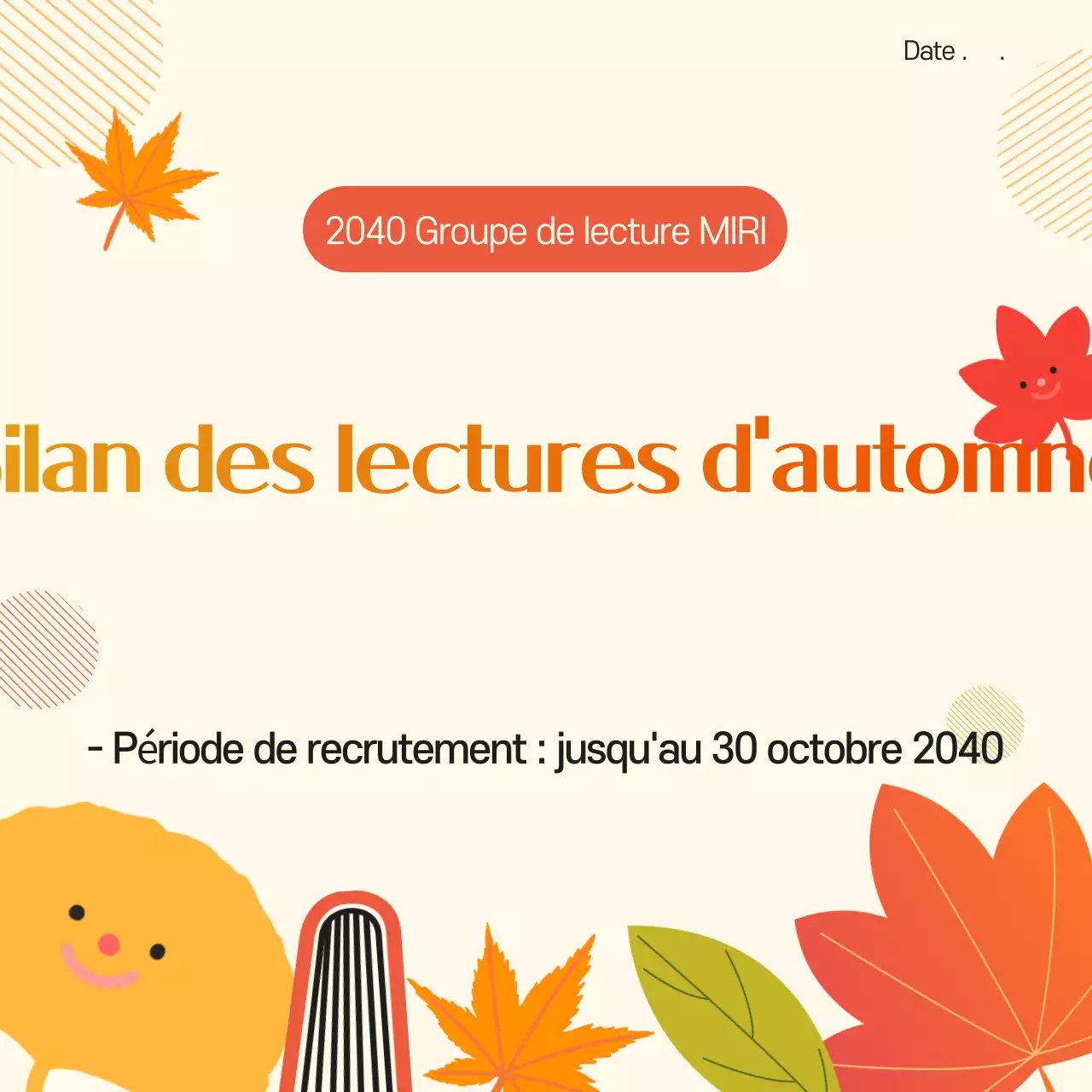 Une jolie publicité d'automne orange et jaune pour le recrutement d'un club de lecture