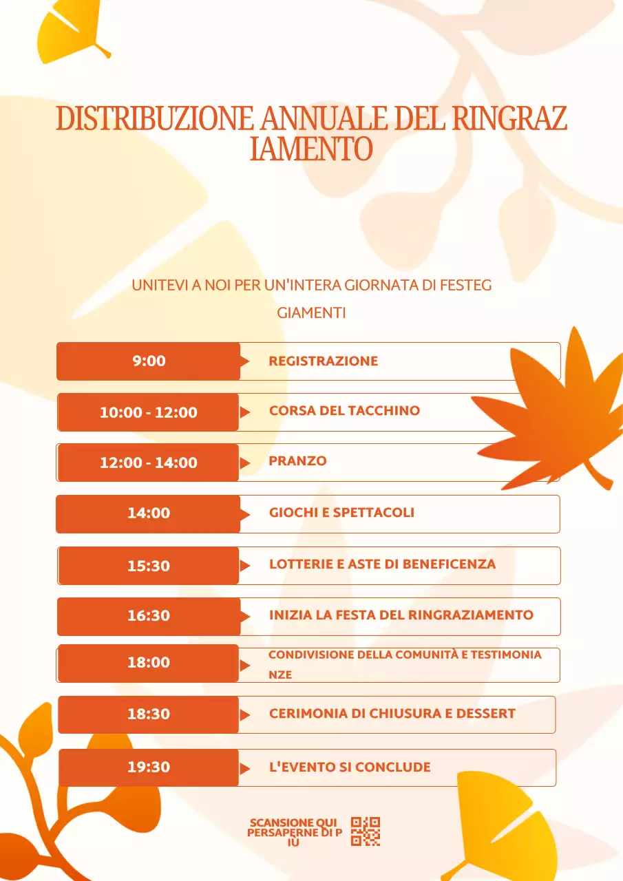 Poster con il programma del Ringraziamento arancione e bianco