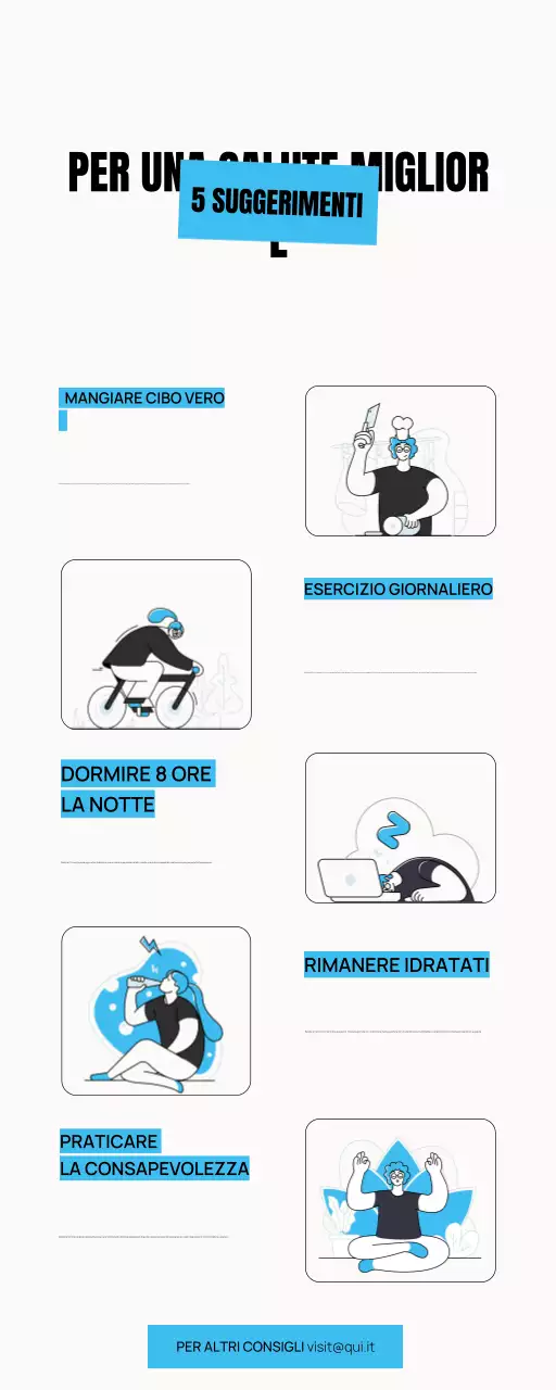 5 CONSIGLI PER UNA SALUTE MIGLIORE ILLUSTRAZIONE DIVERTENTE INFOGRAFICA SEMPLICE E AUDACE