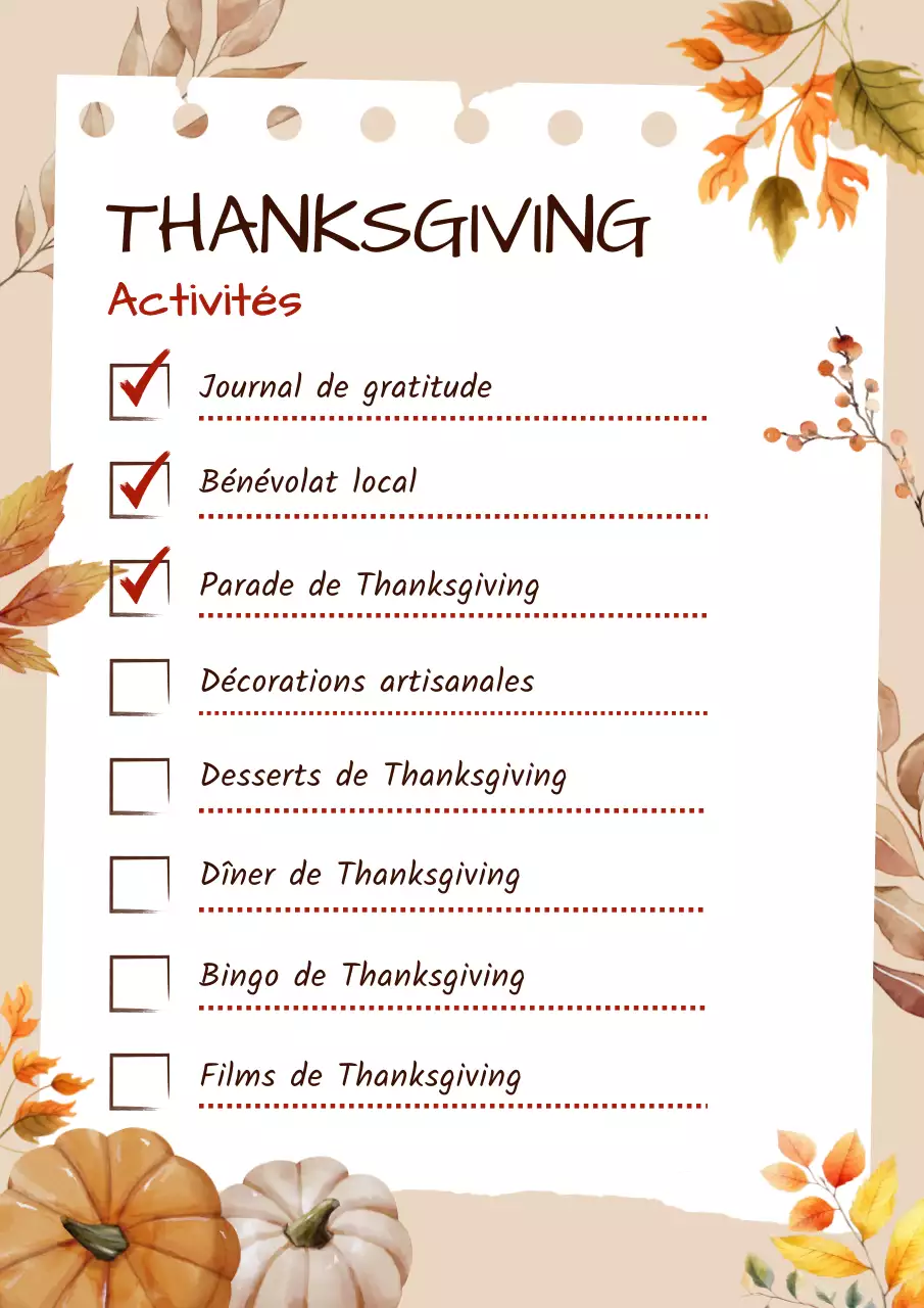 Aquarelle rustique liste d'activités pour Thanksgiving