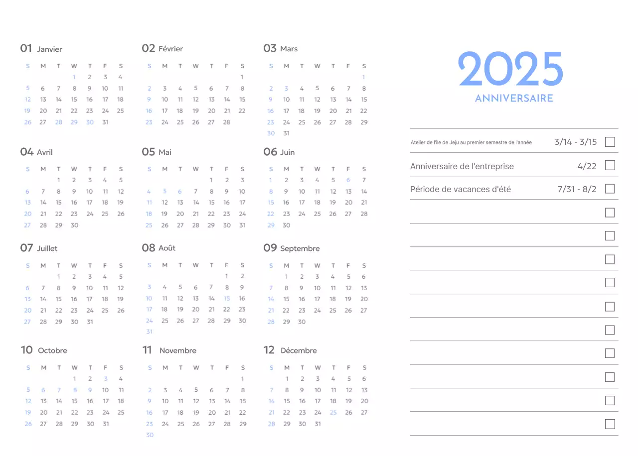 Calendrier photo de suivi des objectifs avec une touche de bleu