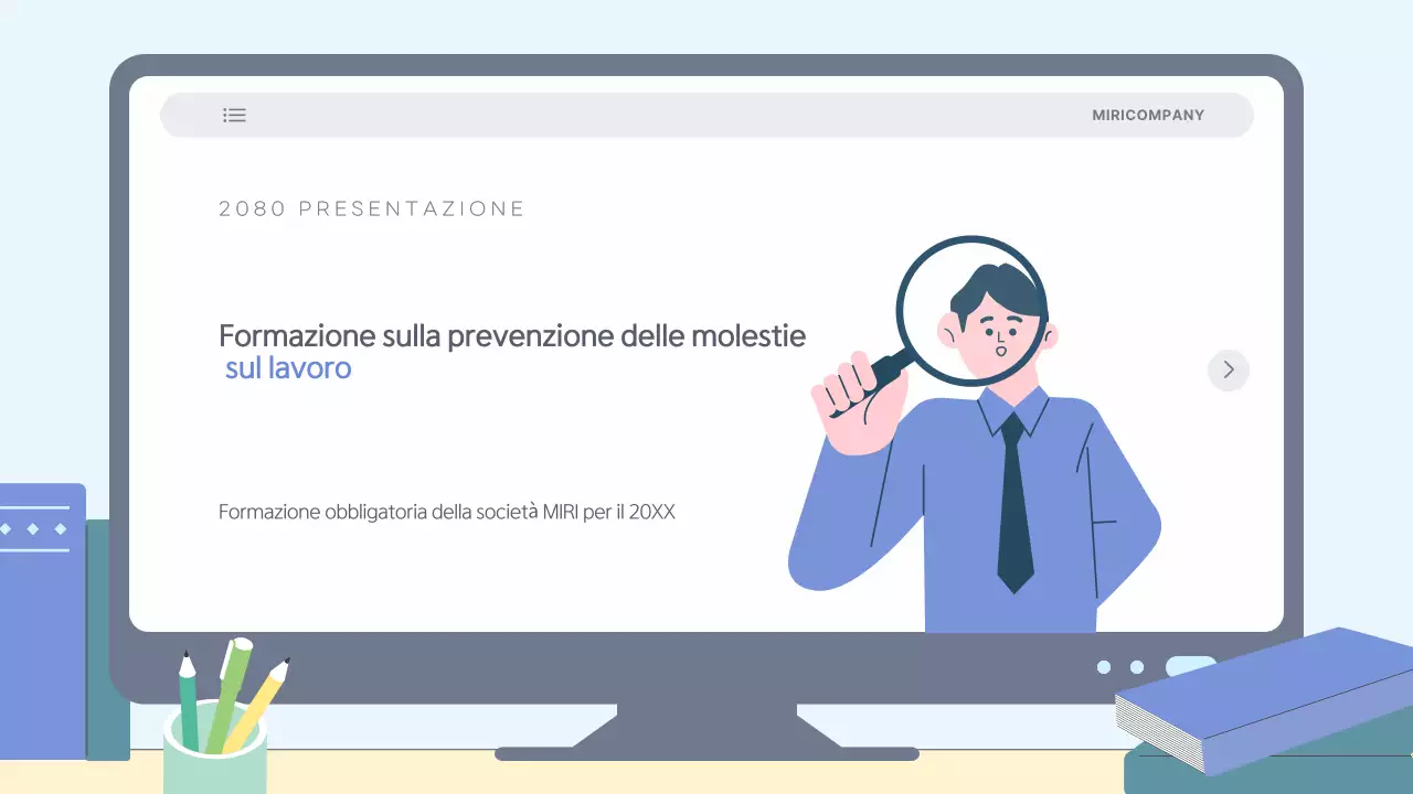 Materiale di formazione semplice e di colore azzurro per la prevenzione delle molestie sul luogo di lavoro