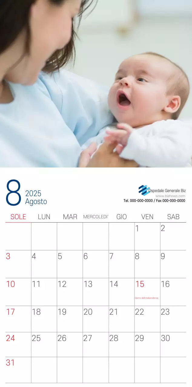 Calendario promozionale dell'ospedale semplice, bianco e blu