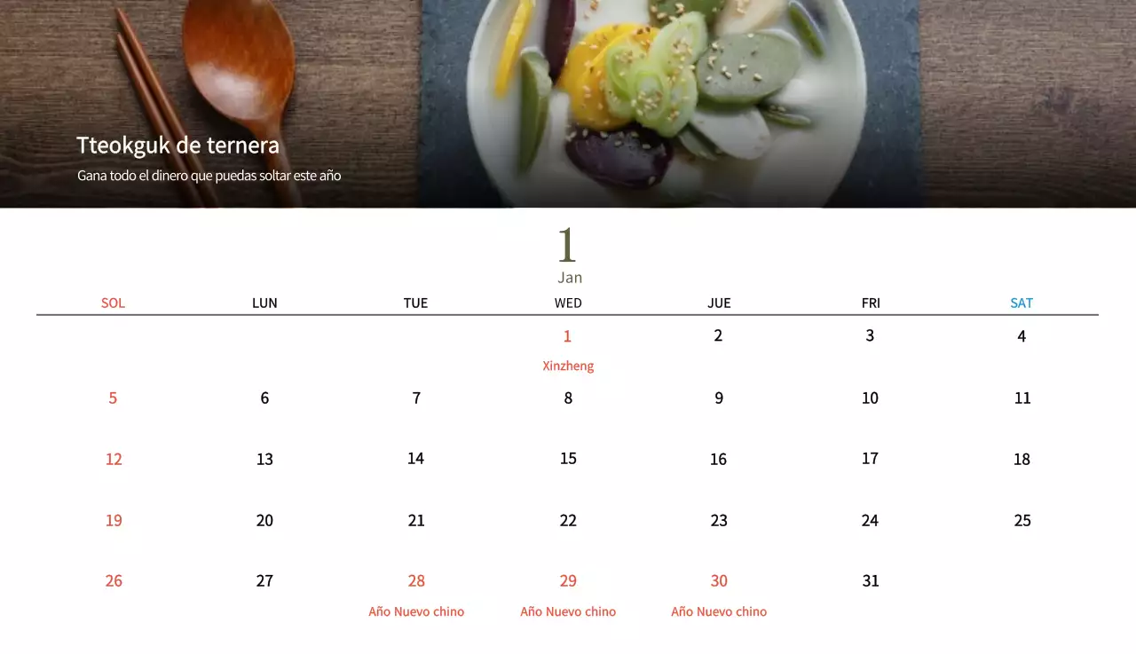Calendario de comidas tradicionales en beige