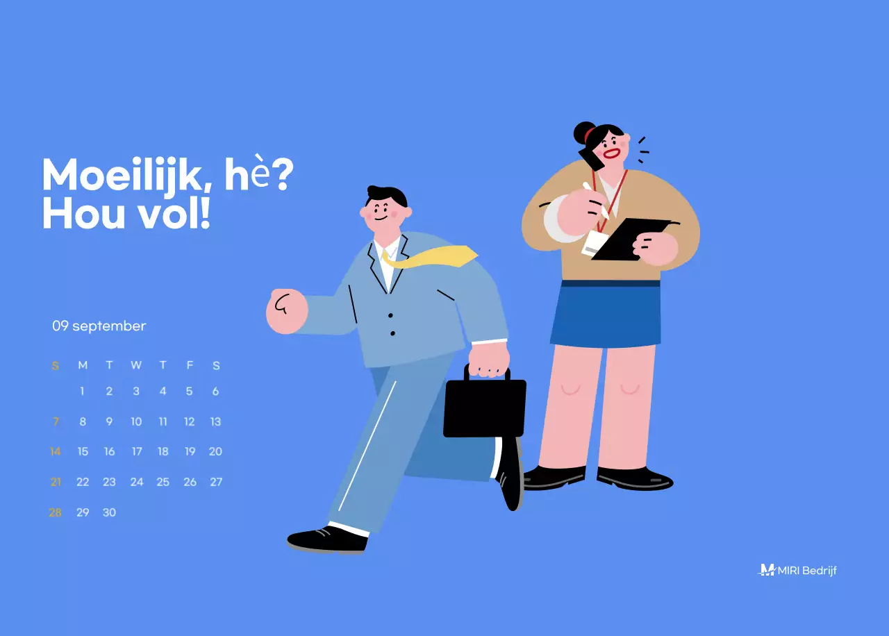 Motiverende kalender met energieke illustraties en positieve citaten op een lichtblauwe achtergrond