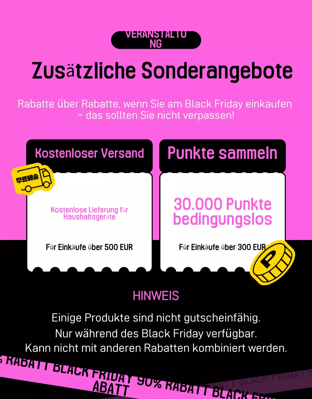 Kitschige Black Friday-Ausverkaufsanzeige in Schwarz und Pink