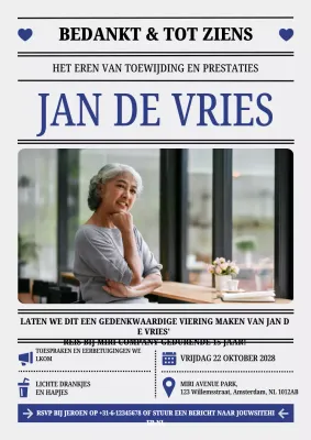 Blauwe Klassieke Bedank- en afscheidsuitnodiging voor pensioen