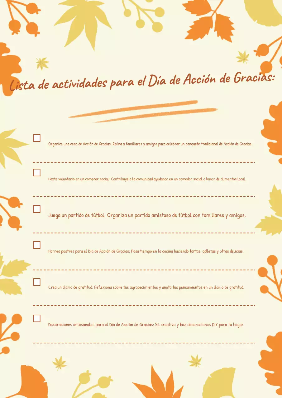 Lista naranja de actividades tradicionales de Acción de Gracias