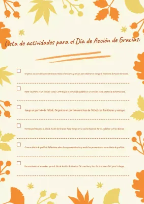 Lista naranja de actividades tradicionales de Acción de Gracias