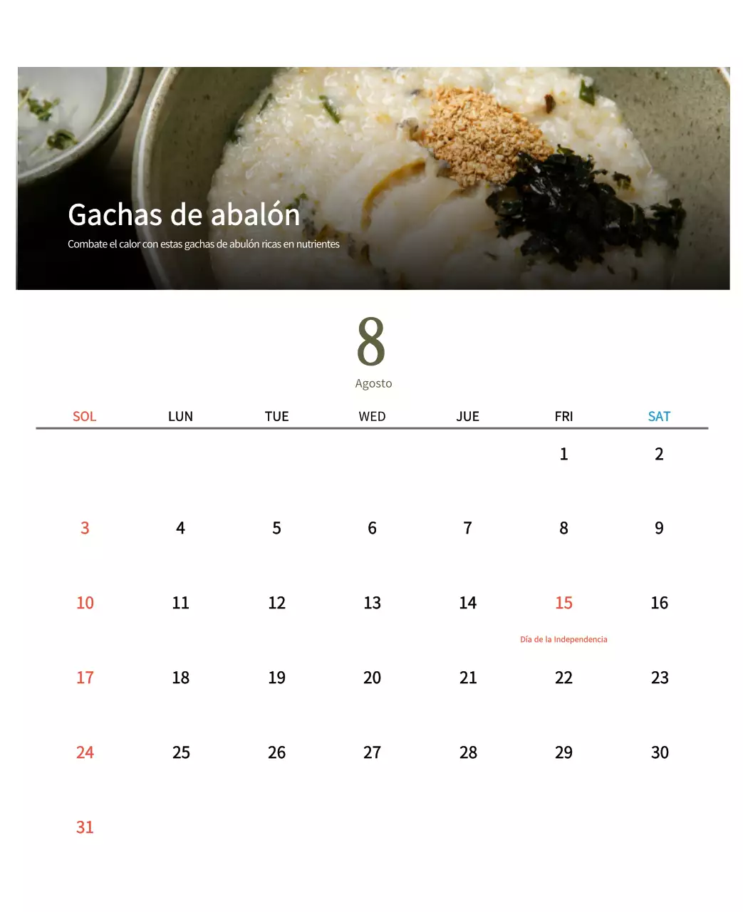 Calendario de comidas tradicionales en beige